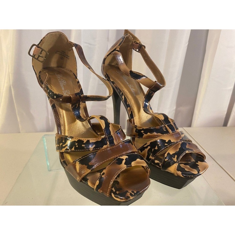 De Blossom Collection Animal Print Platform Sandals Brown Black Strappy Heels 8